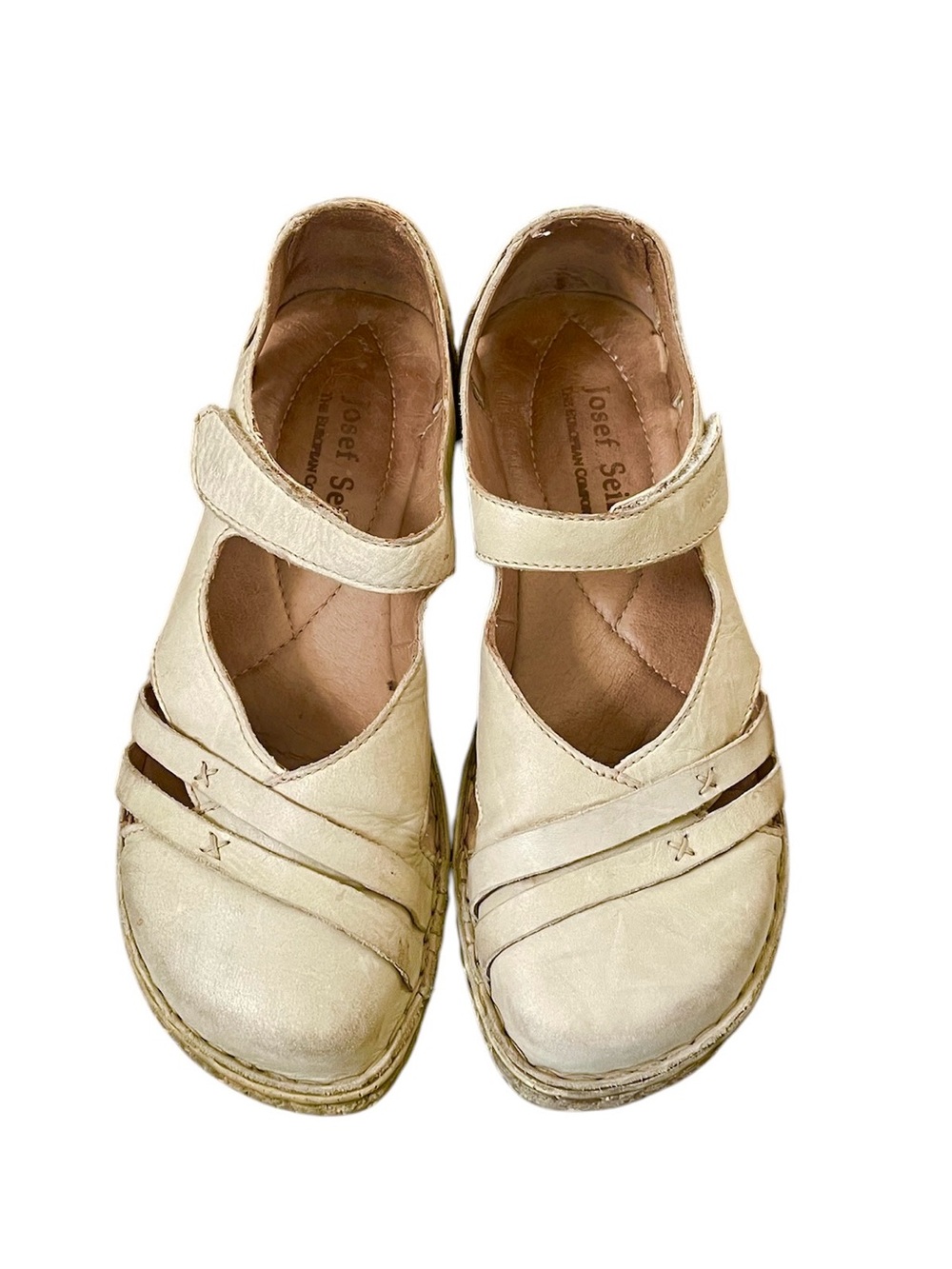 Josef Seibel Leather Mary Jane Flats Sandals Beige Tan 40